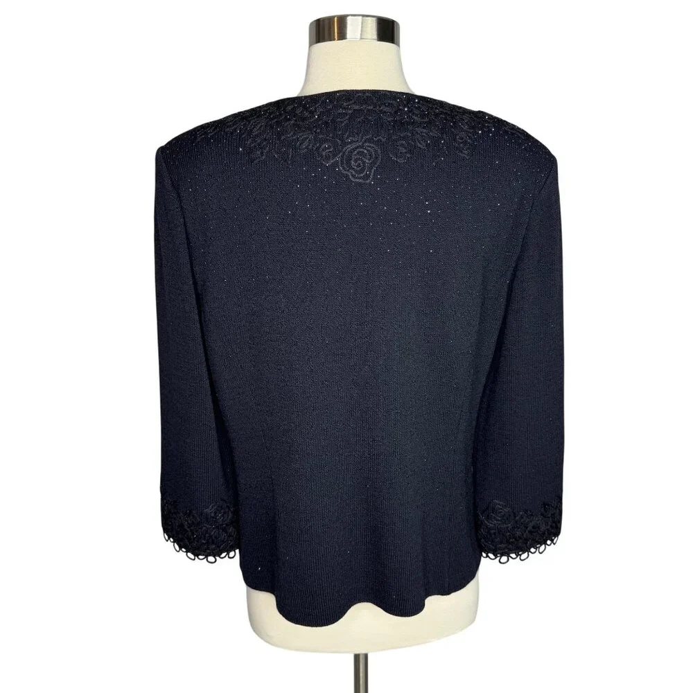 St.‎ John Evening Black Embroidered Rhinestoned Wool Blend Formal Cardigan Sz 14